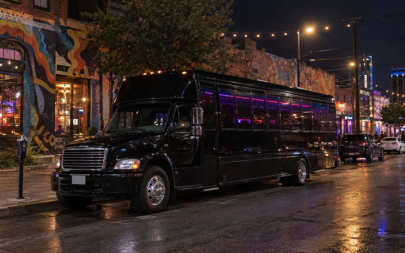 Black party bus with purple lights parked on a mural-lined Dallas street at night