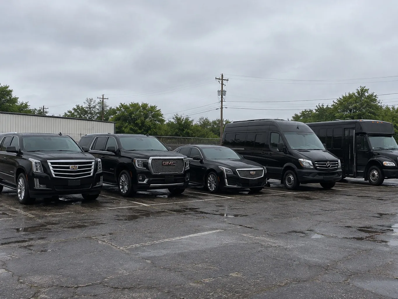 Two black SUVs, a sedan, a Sprinter van and a bus parked in a row