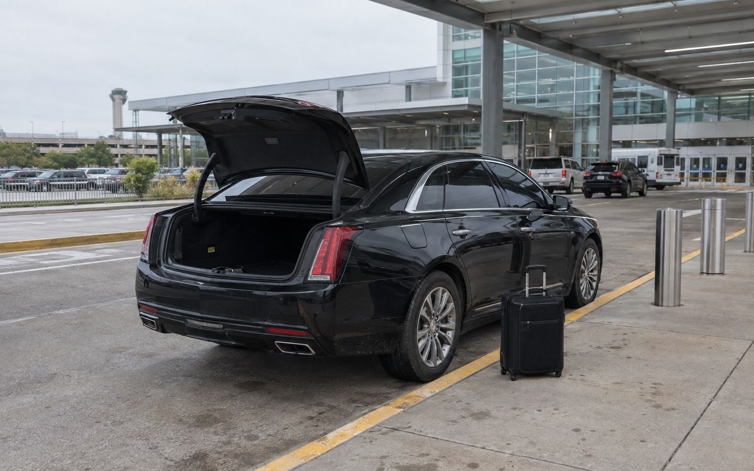 Black Cadillac sedan with its trunk open and a suitcase at an airport curb