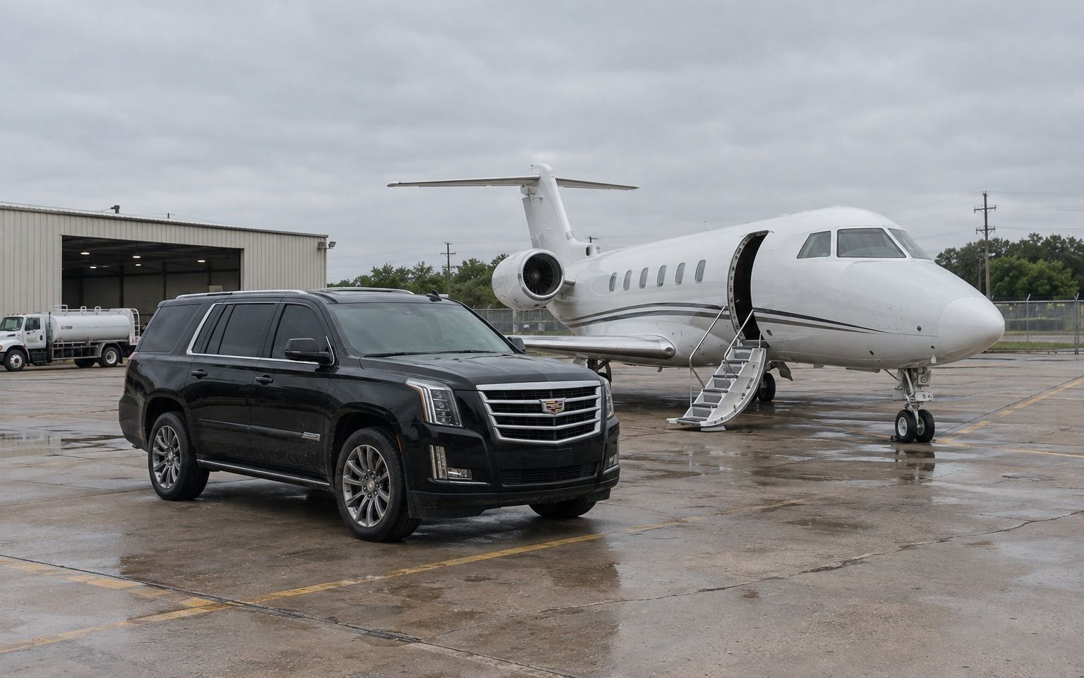 Black Cadillac Escalade parked beside a white private jet on the tarmac